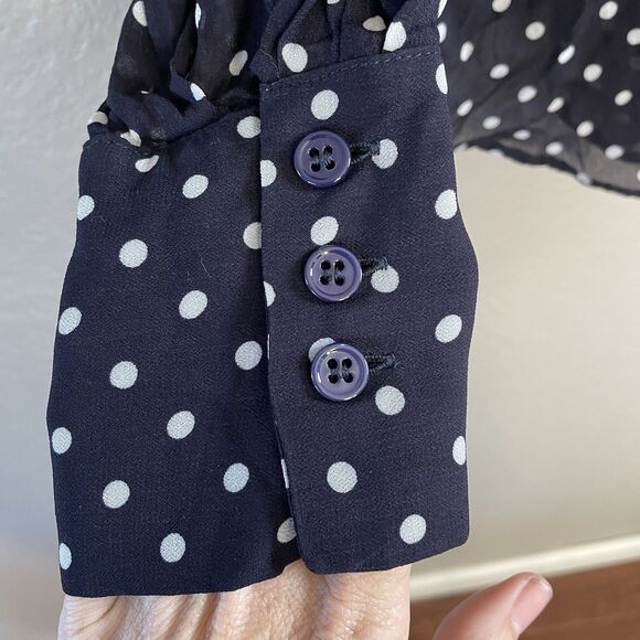 Gerard Darel Blouse 34 US Small Navy White Polka Fit Bow neck tie Button Up - Picture 3 of 13